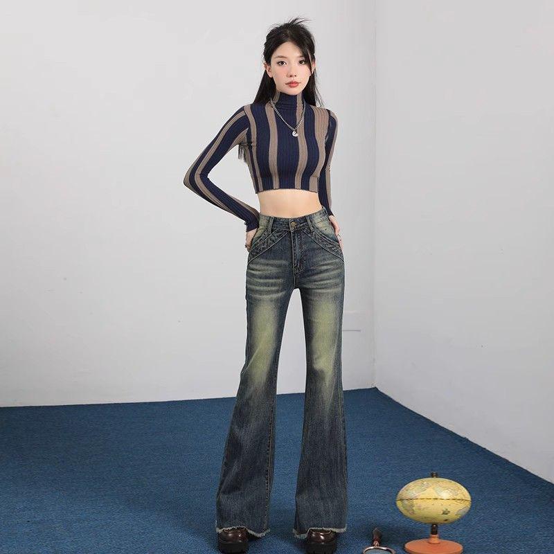 

Женские джинсы микро-клеш с низкой посадкой - Весенние стройнящие брюки с широкими штанинами 3XL синий