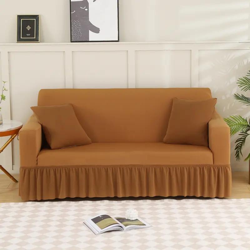 Solid Color Elastic Sofa Cover With Skirt Home Decor Non-slip Slipcover Furniture Couch Protector Cover