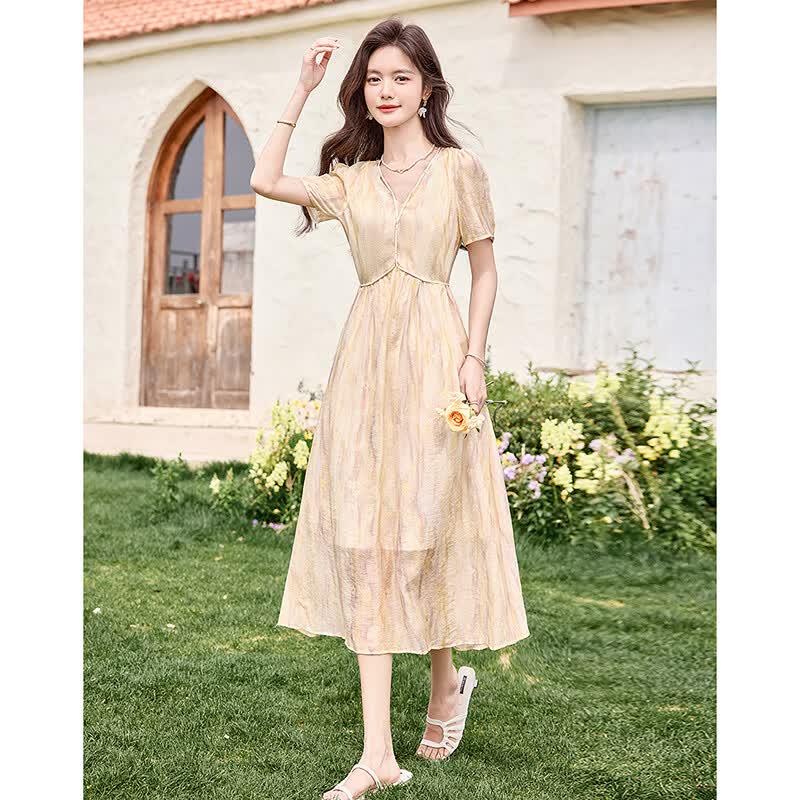 Elegant Tie-Dye Short-Sleeve Midi Dress