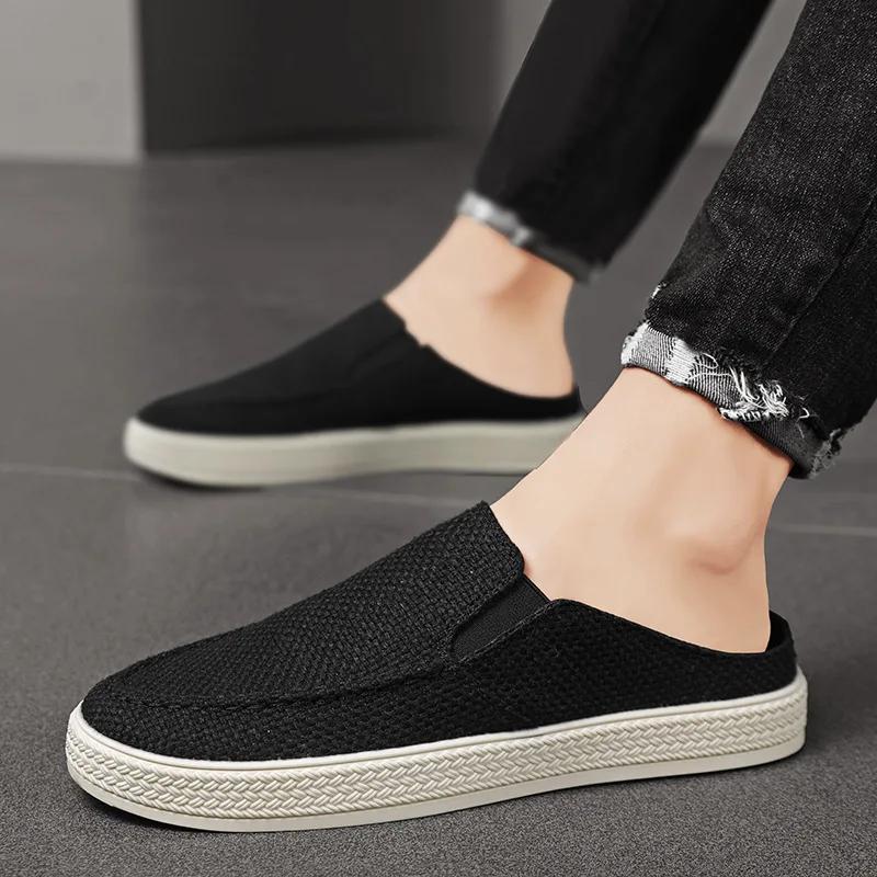 Mule Homme Été Nouvelles Chaussures Décontractées Demi-Mules Toile Respirante Semelle Souple Chaussure de Marche Légère Chaussures Vulcanisées