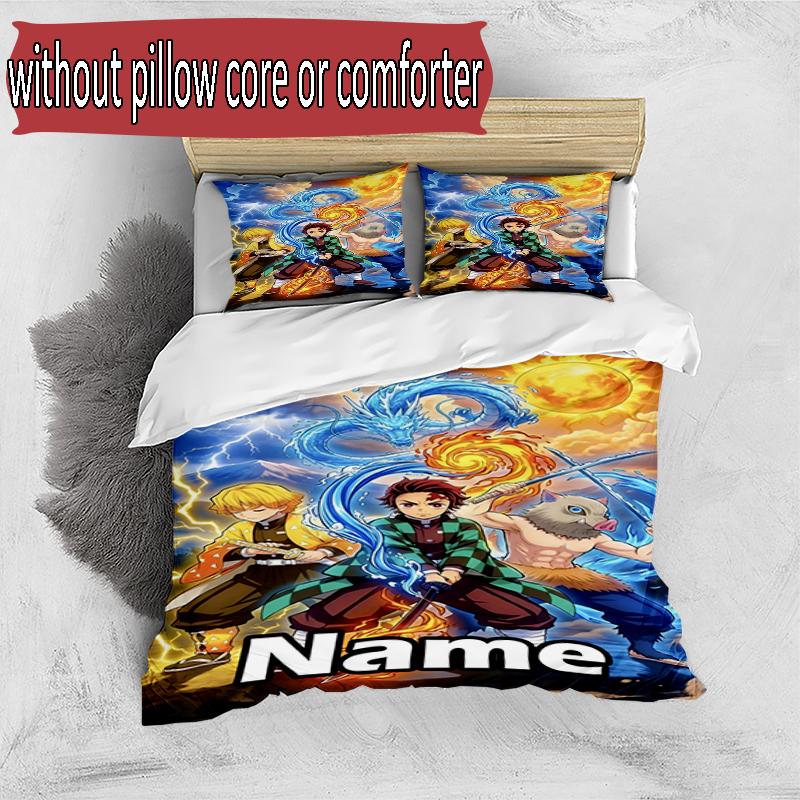 3pcs Duvet Cover Set (1*Duvet Cover + 2*Pillowcase, Without Core), Custom Name Demon Slayer Pattern Bedding Set, Home Bedroom Decor Gift