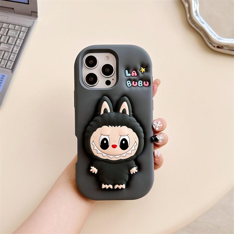 3D Søt Labubu Holder Telefondeksel For iPhone 17 16 15 14 13 12 11 Pro Max 16E Mykt Silikondeksel