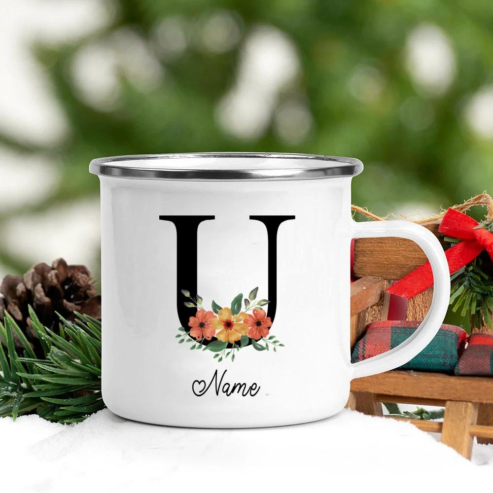 Personalisierte Namens Emailletasse Benutzerdefinierte Blume Buchstabe Alphabet Tasse Camping Henkel Kaffee Tee Milch Tassen Festliche Geburtstagsgeschenke