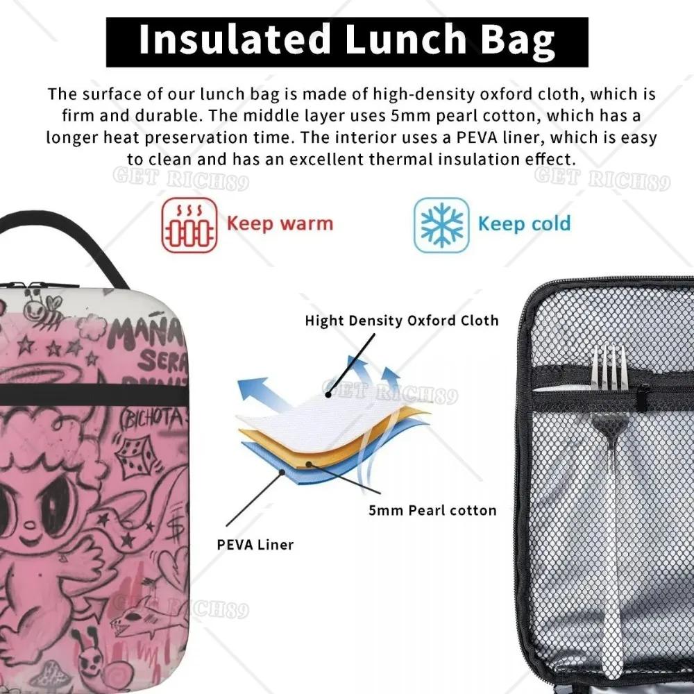 Pink Cute Evil Insulated Lunch Bags Portable Thermal Lunch Box Tote Bag with Side Pocket for Woman Girls Kids Work Picnic School