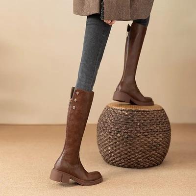 Fashion Brown Warm Round Toe Women's Long Boots Waterproof Boot Sale Demi-season 2025 New Cosplay Work Goth Ladies Knee High Shaft Shoes