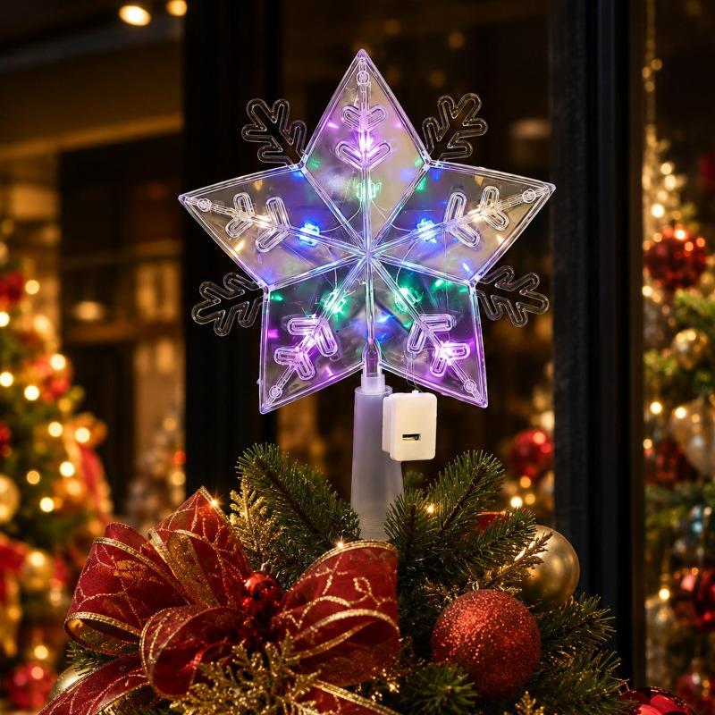 LED Christmas Tree Top Decorative Lights Glowing Xmas Tree Topper Glitter Shining Star Snow Lamp Ornaments Party Supplies