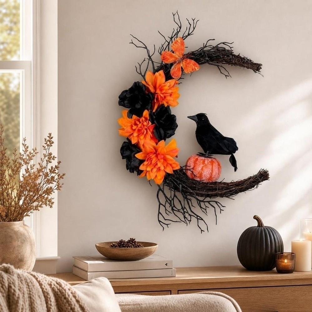Hanging Ornaments Halloween Wreath Plastic Halloween Decoration Cat Crow Wreath Window Wall Decor