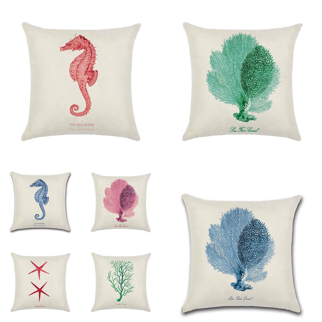 Premium Quality Flax Throw Pillow Case With Marine Organism Patterns For Home Decor
