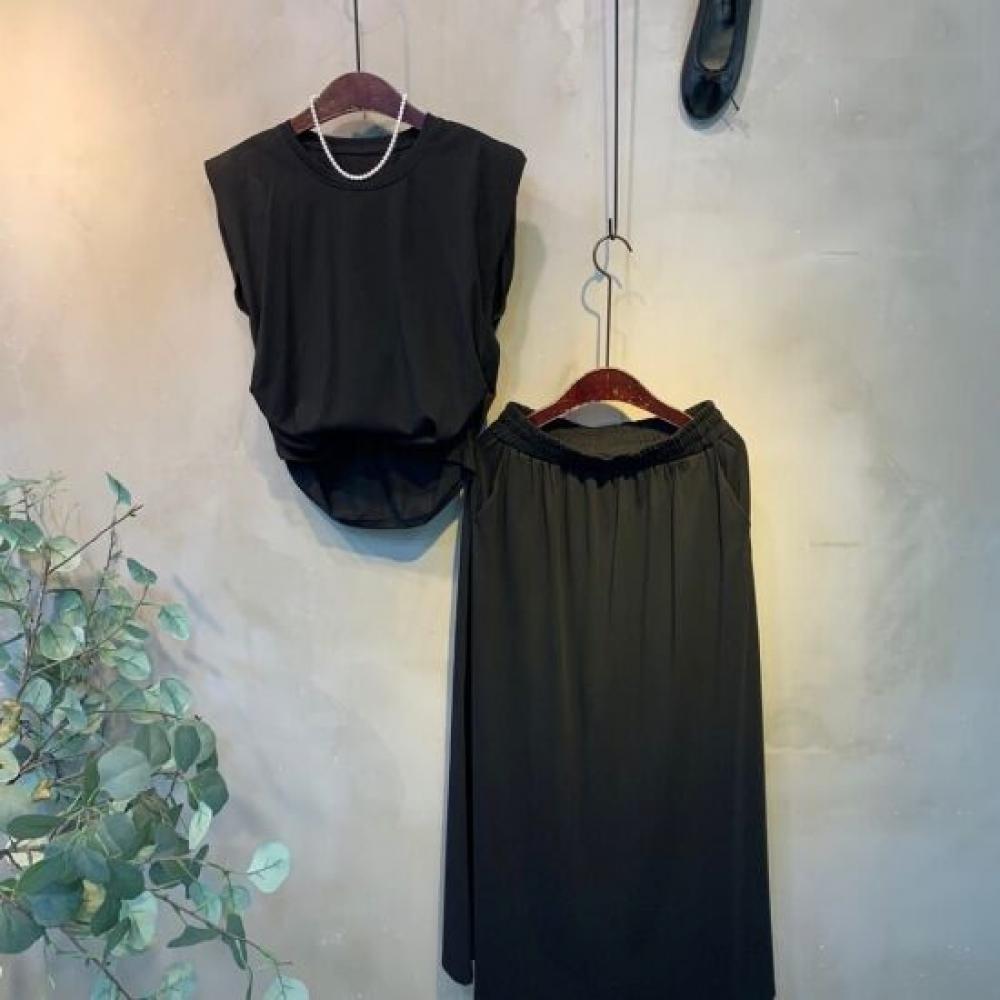 C S In The Room jeSS ShirrIng Cap Sleeve T ShirT bandIng Long SkirT SeT 3 Color