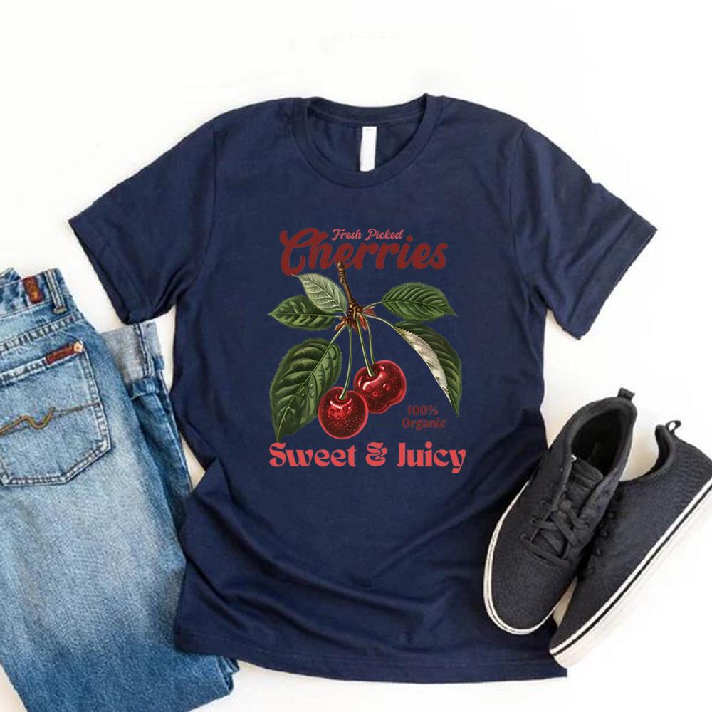 Retro Cherries Graphic T Shirts Vintage Cherry T-Shirt Women Short Sleeve Casual T-shirt Y2k Style T Shirt Vintage Summer Tee
