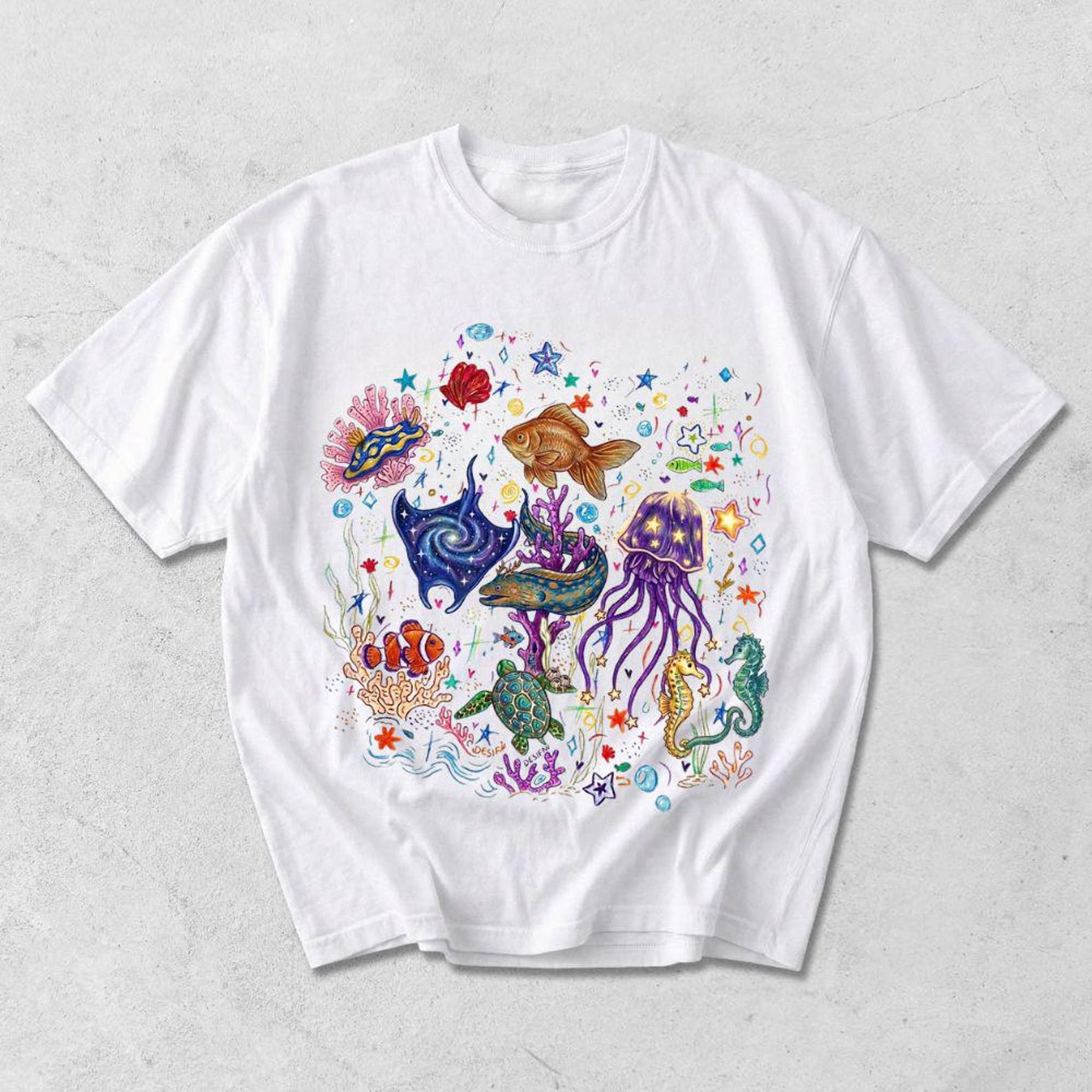 Ocean Life Graphic Tee,Whimsical Sea Creatures, Unisex Cotton Shirt M