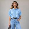 Women Ruffled Short Sleeve Loose Fit Shirt Button Down Collared Blouse Casual Lightweight Top for Daily Wear