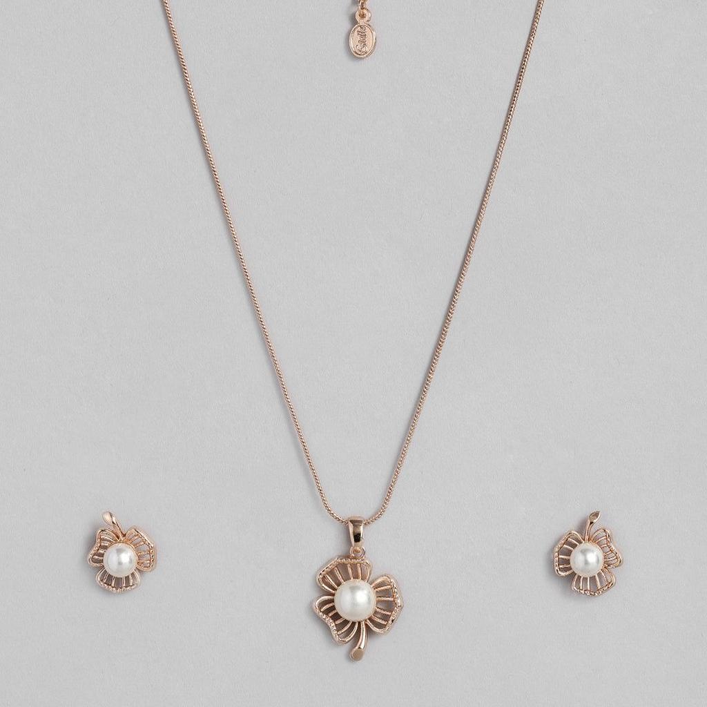 Estele Flower and Pearl Pendant Set In 24K Rose Gold for Women/Girls