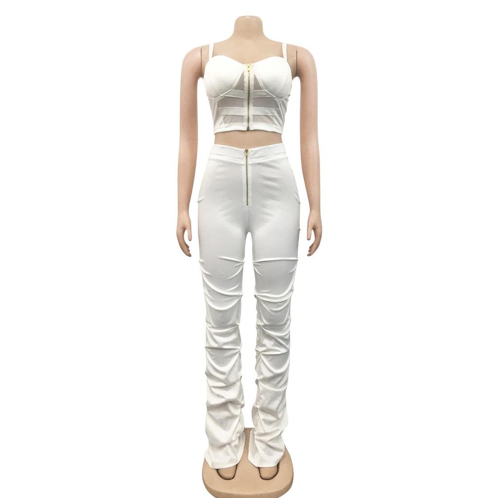 X5215 Women's Solid Color Sexy Camisole Bustier Zipper Vest and Long Pants Two-Piece Set