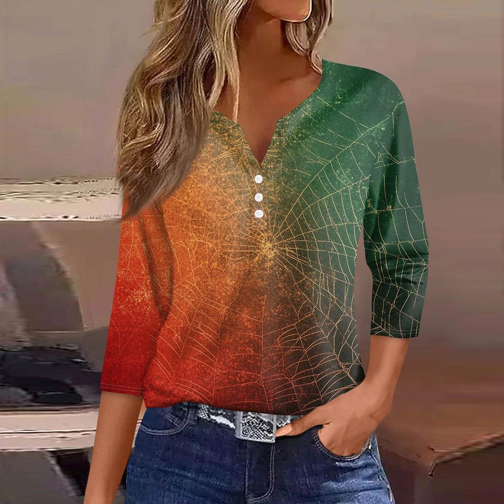 Damenmode Lässiges T-Shirt V-Ausschnitt Sieben Ärmel Bedrucktes Knopfoberteil
