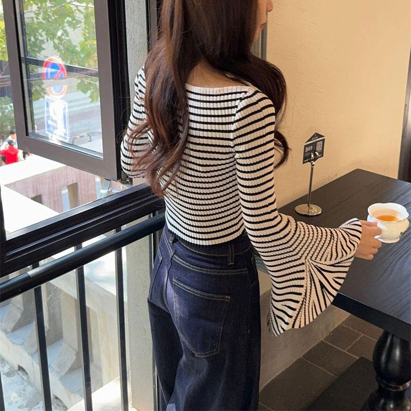Slash Neck Striped Knitted T-shirt Spring Autumn Elegant Slim Female Clothing Fashion Flare Sleeve Korean Long Sleeve Pullovers