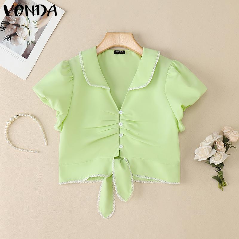 VONDA Women Lapel Collar Short Sleeve Twisted Lace Hem Casual Cropped Blouse