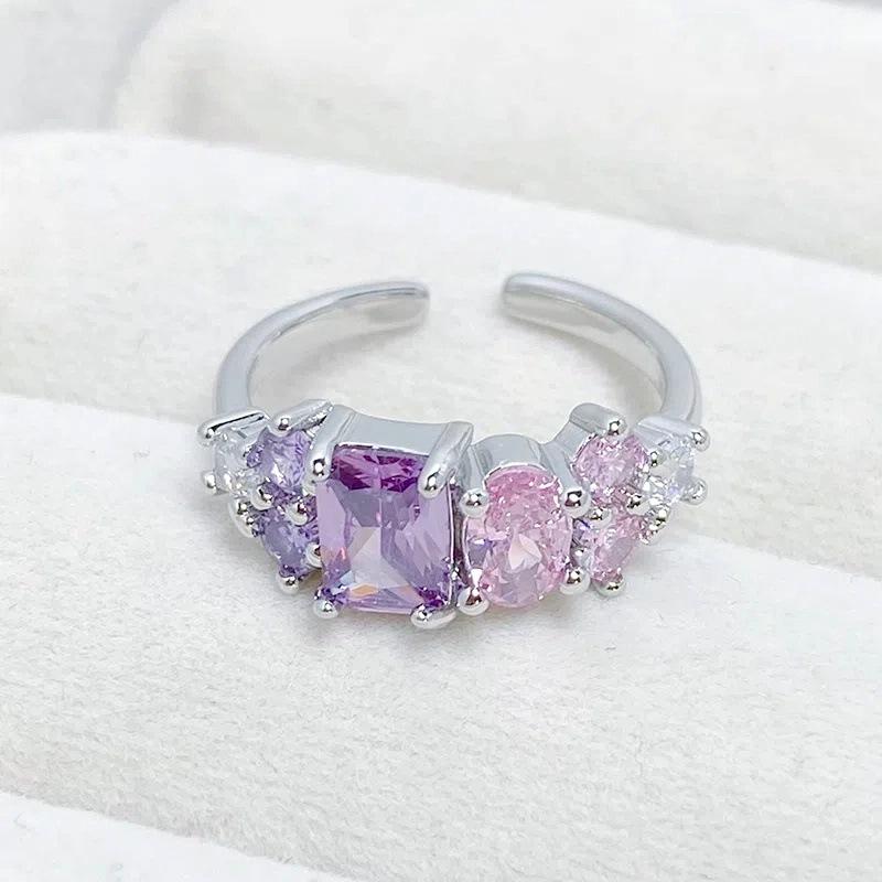 [Twin Crystal Love] Pink Purple Full Diamond Zir*****Pening Ring Niche Light Luxury High Sense Sweet Treasure Ring Girl