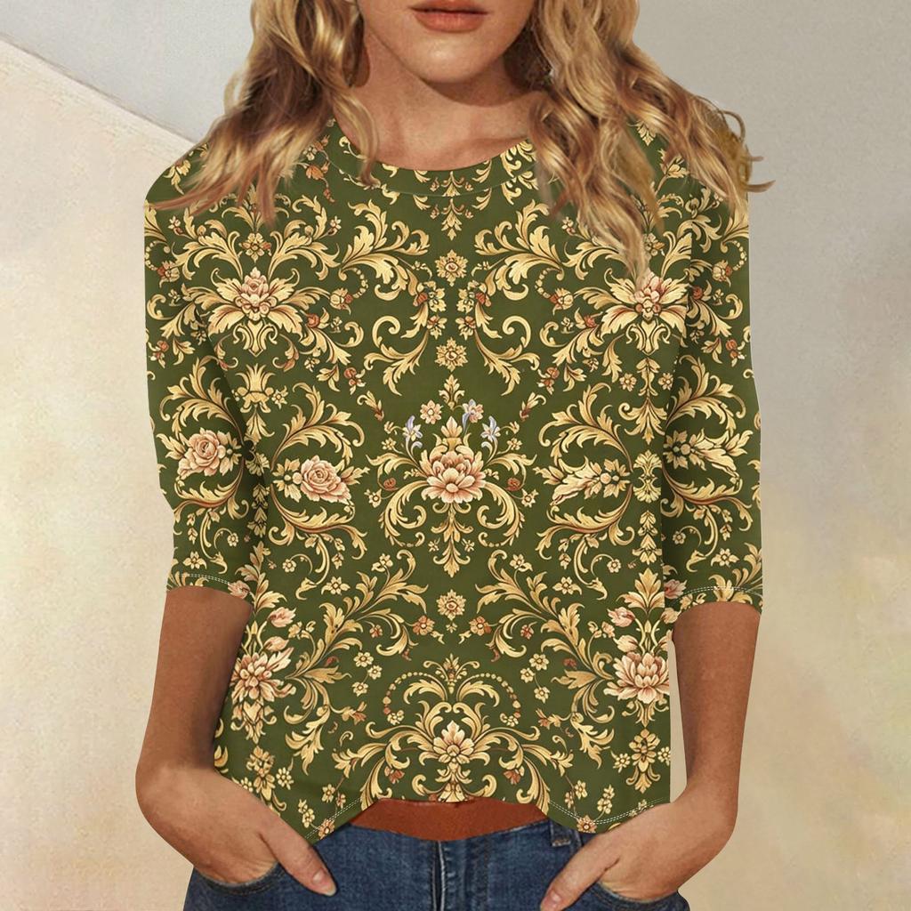 Women's Casual Three Quarter Sleeve Floral Print Crew Neck Top Relaxed Fit Lightweight Comfortable Blouse for Everyday Wear