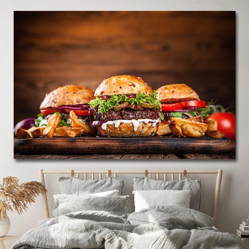 Amerikanischer Stil Fast-Food-Bilder, Leinwandgemälde, Hamburger, Pommes, Hot Dog, Poster und Drucke für Wohnzimmer, Küche, Wanddekoration