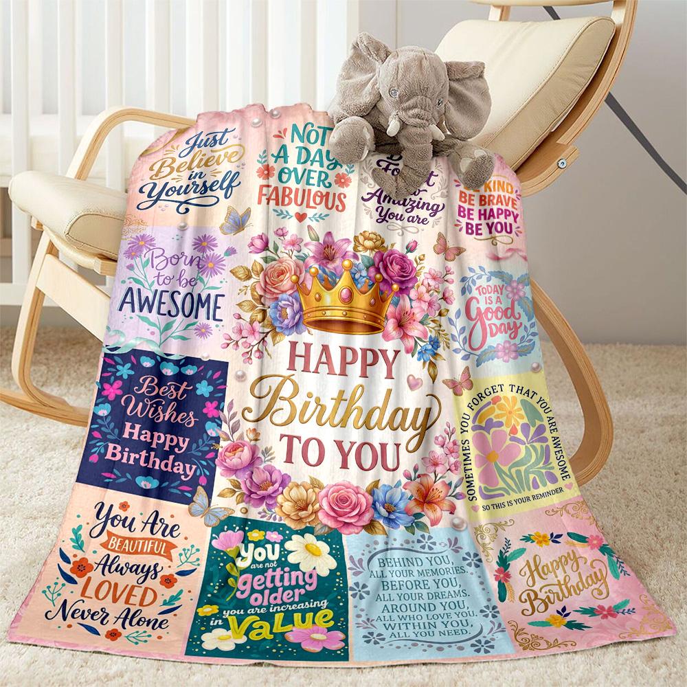 Floral Birthday Celebration Blanket Soft Warm Cozy Perfect for Livingroom Bed Bedding All-Season Use Playful Design Gifts For Family Or Friends