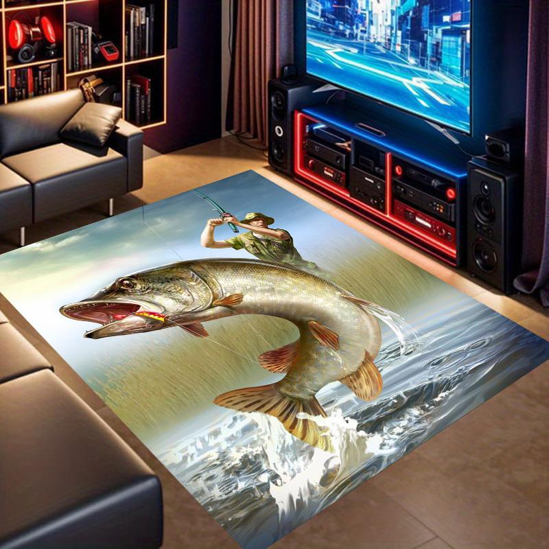 Tappeto Stampato Scenico Cacciatore di Pesca Pesce Grande Antiscivolo Rettangolare Tappetino da Pavimento Amante della Pesca Gaming Decorazione Soggiorno