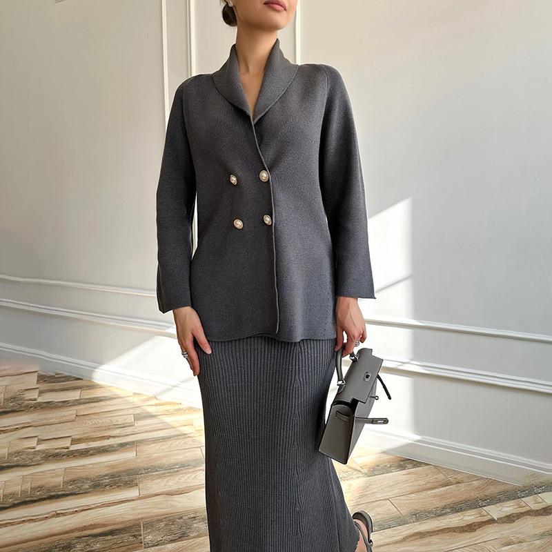 Women's 2025 European & American Solid Color Button Cardigan Sweater & Skirt Set - Warm & Stylish For Commute