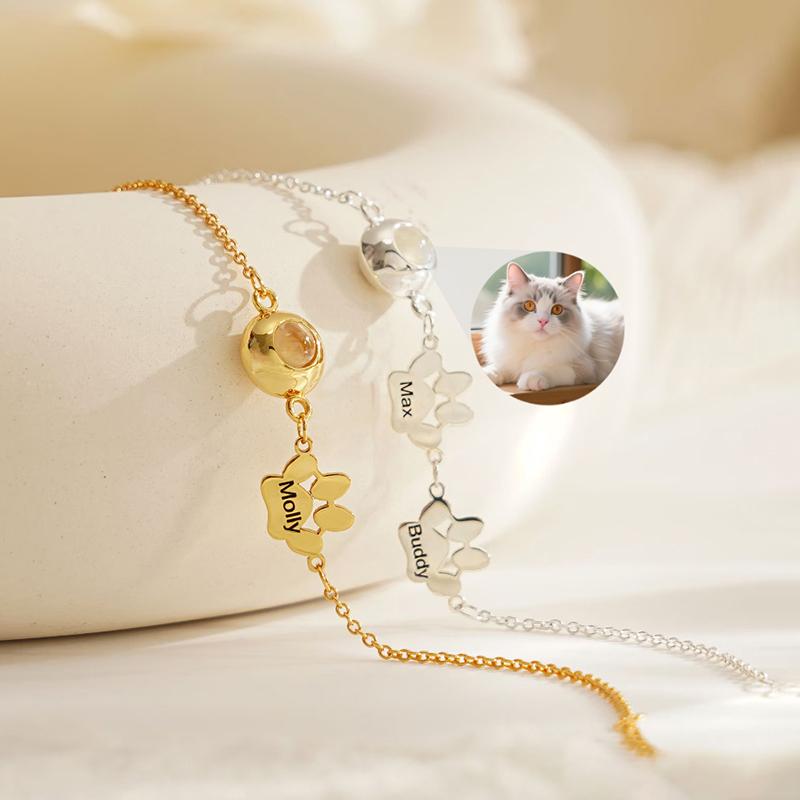 Custom Photo Projection Name Bracelets Personalized Picture Dog Cat Paw Charm Custom Name Text Pet Jewelry Gifts for Women