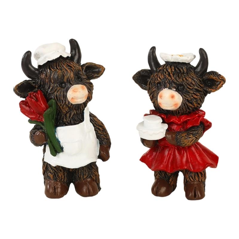 

Couples Highlands Cow Figurines Farmhouse Decors,Resins Animal Statue Table Ornament Garden Bookshelfs Decors Calf Lover 1