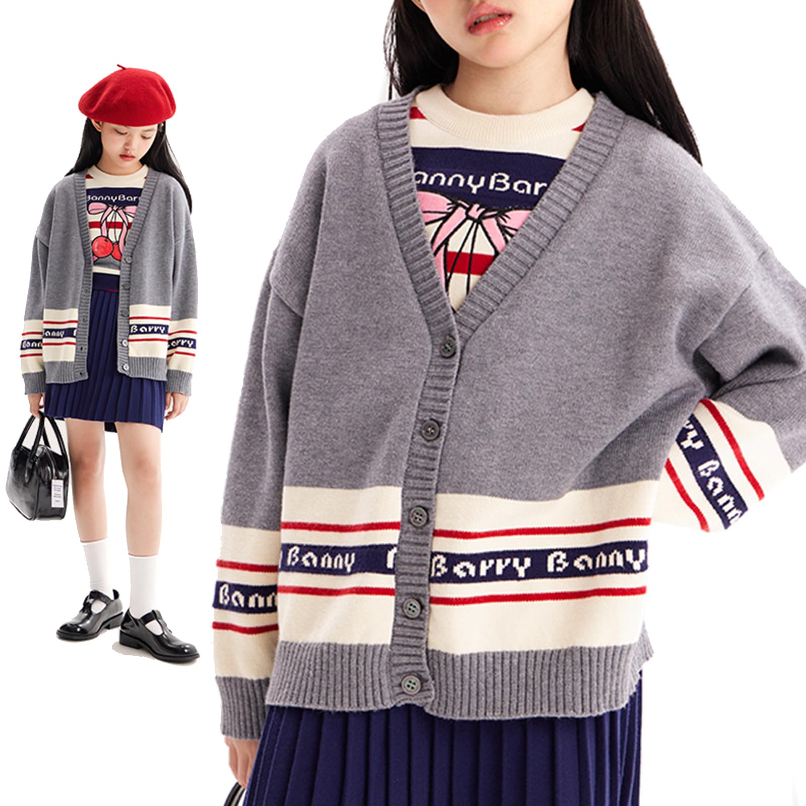 

BarryBanny Длинный вязаный размер для учениц начальной и средней школы Кардиган, Свитер, Пальто, Рукав, Верхняя одежда, V-образный вырез, Серый, Теплый,