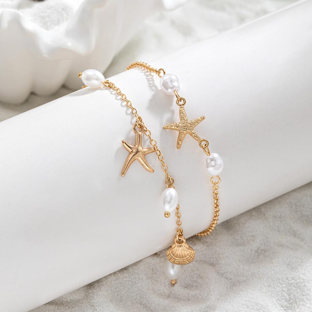 Women's Beach Resort Style Double-Layer Anklet, Starfish Shell Pearl Pendant Beach Foot Jewelry