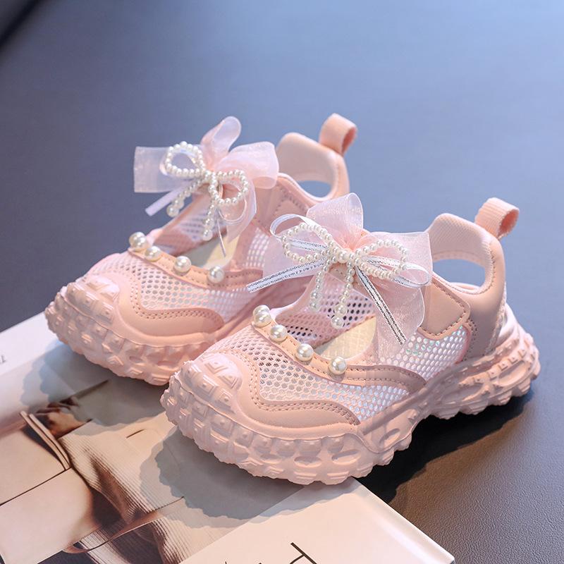 Girls Pearl Bow Decor Breathable Mesh Non Slip Thick Sole Summer Casual Sandals 26 розовый