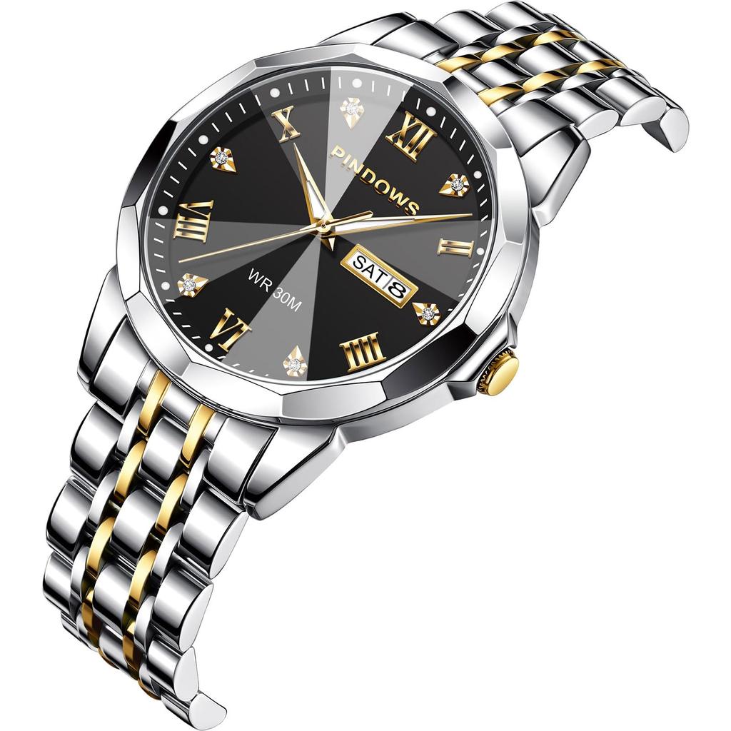 Reloj de Vestir de Lujo para Negocios PINDOWS con Cuarzo Analógico Luminoso al Agua Fecha y Correa de Acero Inoxidable para un Estilo Clásico Business Casual para Hombre