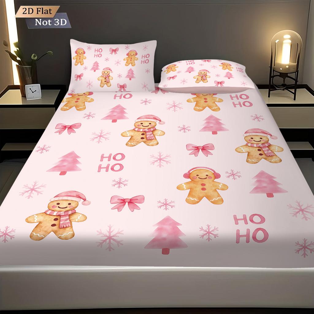 3Pcs Pink Christmas Gingerbread Printed Coreless Bed Sheet Set Multiple Sizes Comfortable Bed Covers Bedding Holiday Decorations