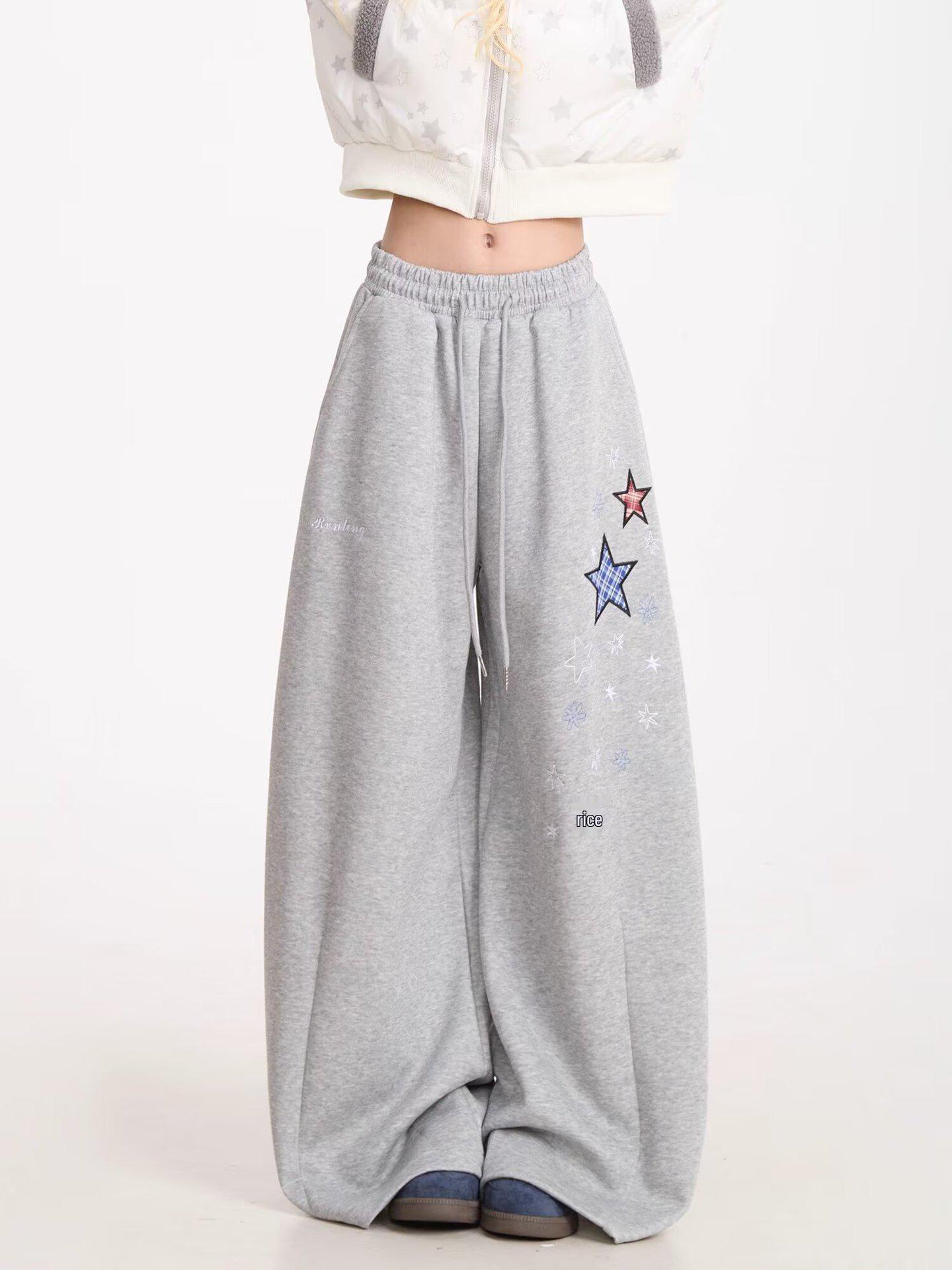 

Korean Retro Star Embroidery Wide-Leg Sweatpants: Women s Slimming Winter Jazz Dance Pants L серый