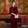 Hot Diamond Golden Velvet Happy Mother-in-law Wedding Dress Long Sleeve Autumn Improved Cheongsam Women's Senior Happy Mother Wedding Dress