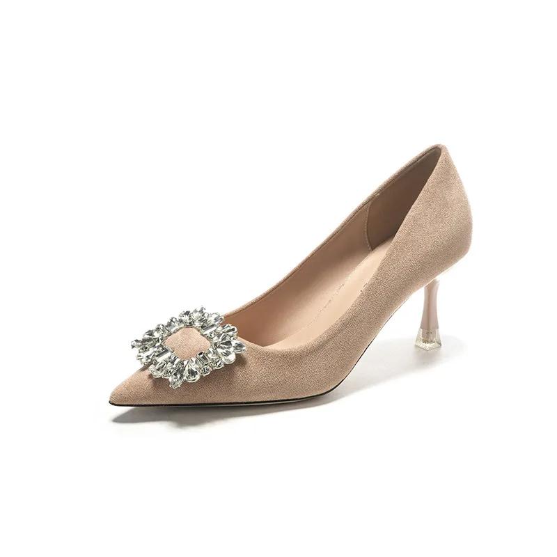 Fashion Pointed Rhinestone Square Buckle High Heels for Women Slim Heels Black Professional Single Shoes Wine Red Bridal Platform Heels