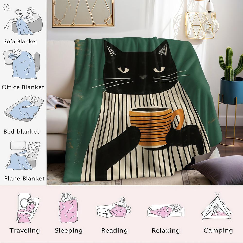Striped Shirt Coffee Cat Flannel Blanket Warm Soft Halloween Christmas Couch Warm Cozy Decorative Decor Gift For All Season