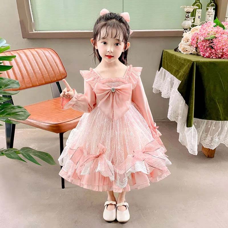 Lolita Girls Princess Dress Spring Autumn Children's Long Sleeve Pink Dress Lace Bow Decoration Sweet A-line Skirt Fairy Set