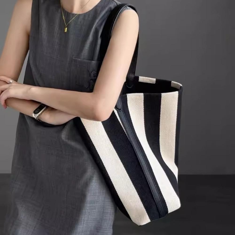 Drawstring Black White Stripe Bag Pattern Wide Straps Bucket Bag Stripe Canvas Handbag Autumn