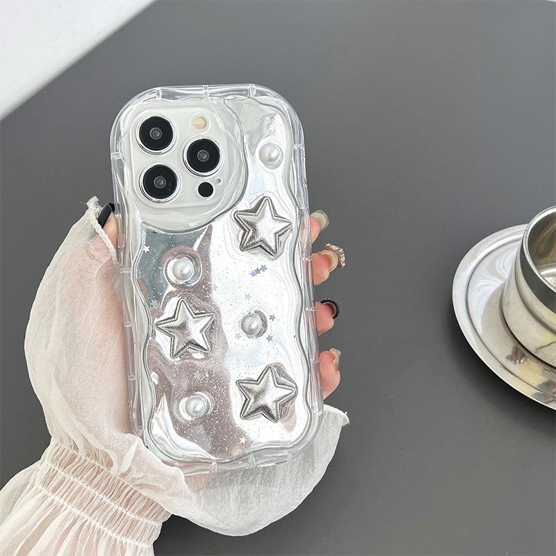 

Light Luxury Silver Love Glass Mirror Mobile Phone Case For Iphone17Pro Pearl Pentagram Flower iPhone 17Promax