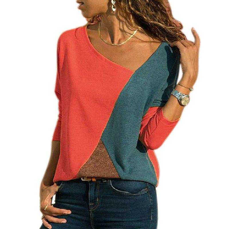 Elegant Women T-shirts Long Sleeve Round Neck Patchwork Pullover Slim Fit Female Tops