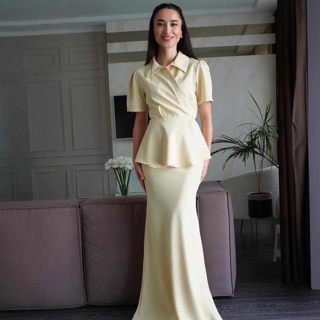 2025 Autumn Women s Solid Color Waist-Tie Slimming Short Sleeve Top XXXL светло-желтого