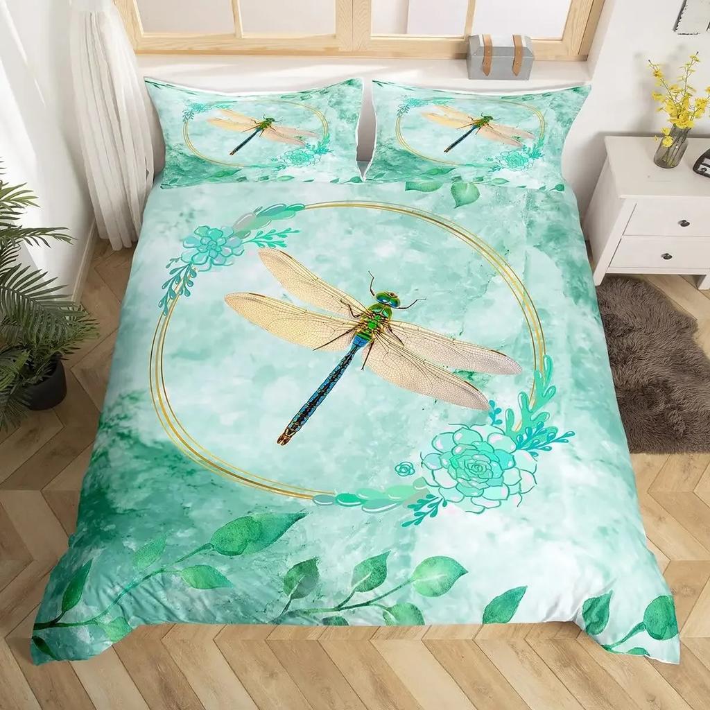 Boho Dragonfly King Queen Duvet Cover Cute Flower Love Heart Bedding Set Watercolor Floral Rustic Style Polyester Quilt Cover