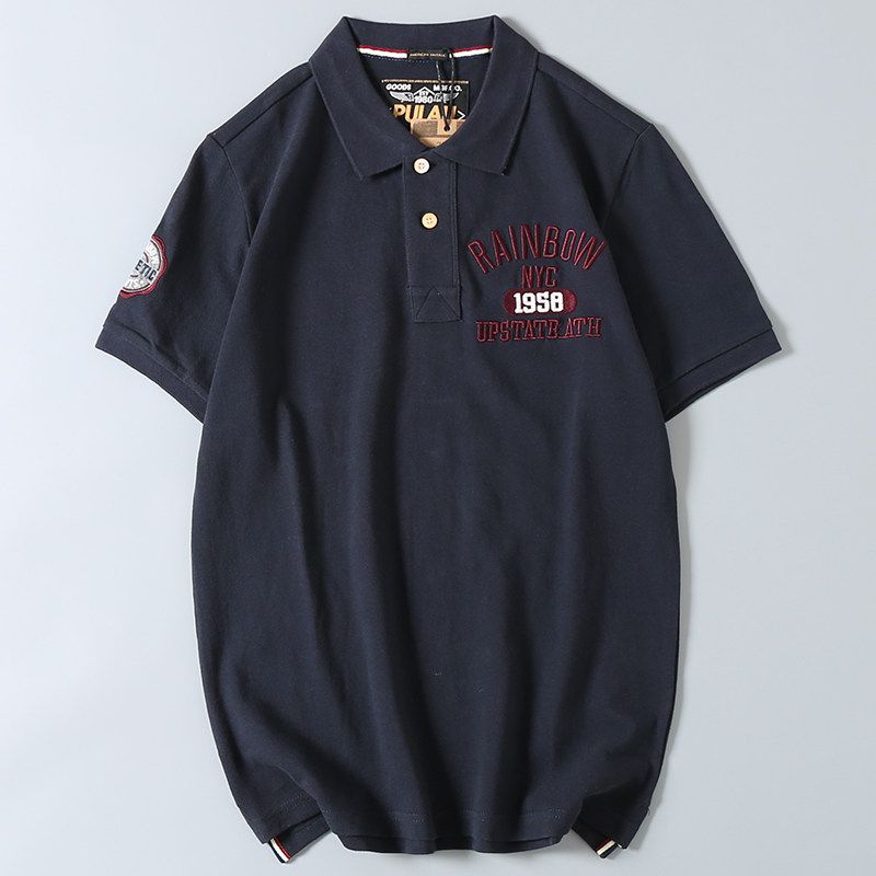 Export Tail Goods Heavy Industry Water-Washing Embroidery Pearl Cotton Lapel Polo Shirt Men's Youth Loose Casual Short Sleeve T-shirt Summer
