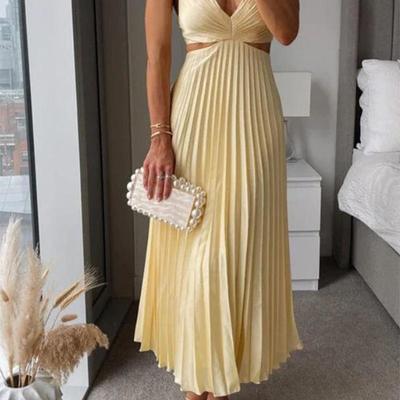 Women's Sleeveless Pleated Midi Dress V Neck Loose Casual Summer A Line Dress