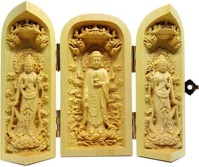 Buddhistische Amitabha-Triade stehend aus Naturholz 10 cm Amitabha Kannon Seishi Holz Sankaibutsu Statue, Statue, (Buchsbaum), ca. groß, Buddha,