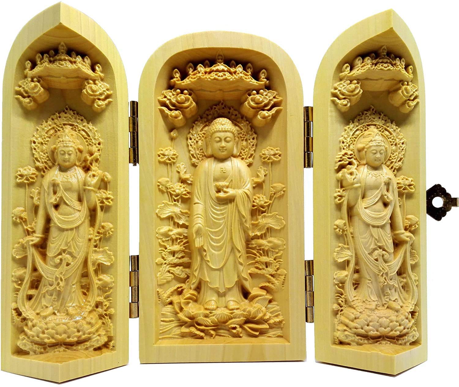 

Буддийская триада Амитабхи стоящая из натурального дерева 10 см Амитабха Каннон Сэйси дерево Санкайбуцу статуя, статуя, (букс), приблизительно. высокий, Будда, бежевый