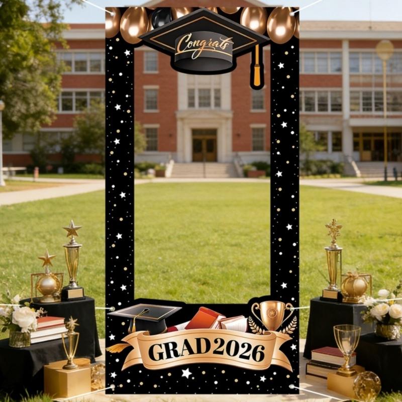 Black Gold Graduation Backdrop 2026 Banners With Star And Balloons Motifs Background For Photo Decorations 60X120CM