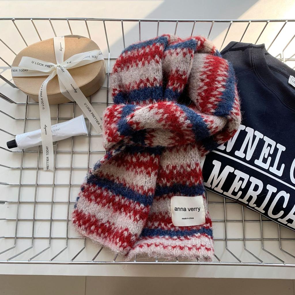 Color Striped Knitted Scarf Women's Autumn and Winter Korean Version of High-end Atmosphere Versatile Thickened Warm Scarf Student